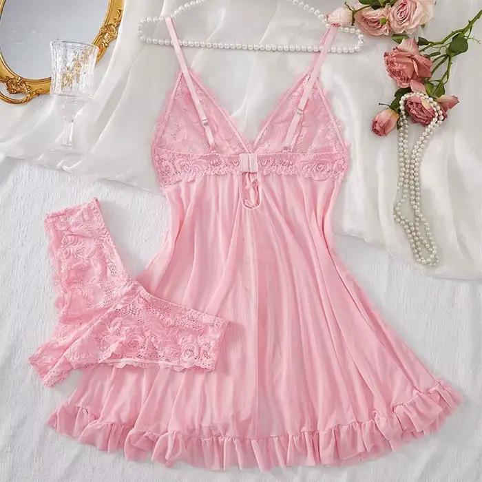 Ensemble de lingerie sexy pour femmes, camisole et culotte en dentelle rose transparente, tenue de nuit sexy et romantique à col en V, tentation irrésistible