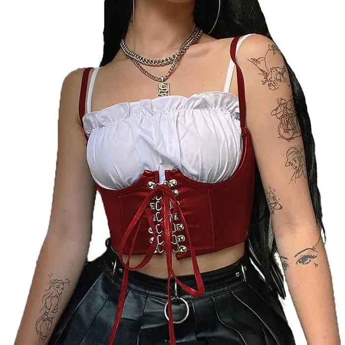 Femmes Corset Bustier haut court à lacets pansement noir gothique en cuir sous le buste jarretelle Cami gilet taille BodyshaperTank Cummerbund