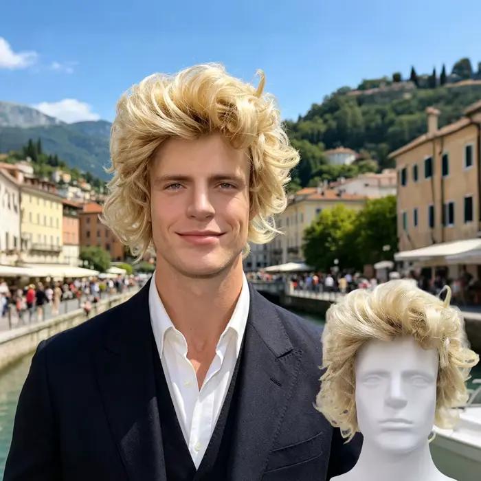 Perruque synthétique courte bouclée et désordonnée blonde, style rétro rock pour hommes, parfaite pour les fêtes des années 80 et les costumes d'Halloween