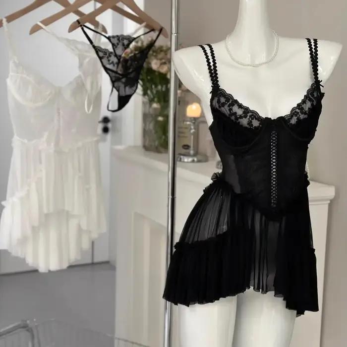 Pure Desire – chemise de nuit en dentelle avec bretelles circulaires en fil, Mini jupe, vêtements de nuit respirants et confortables pour la maison, Style féerique