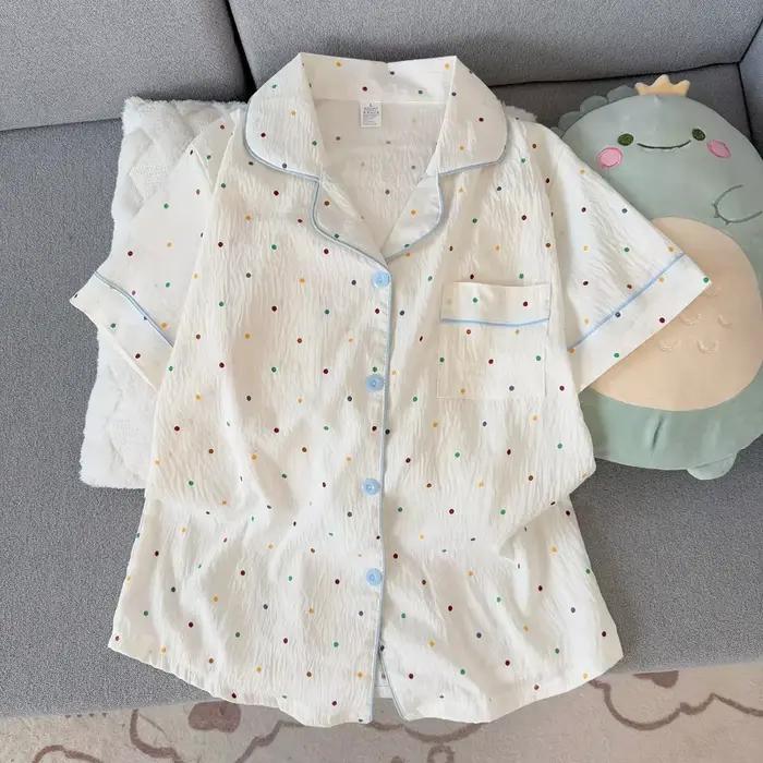 Ensemble pyjama en coton imprimé à pois pour femmes, haut à manches courtes et short, 2 pièces, décontracté, confortable, vêtements de nuit imprimés