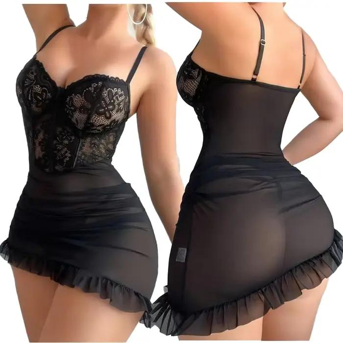 Nouvelle lingerie féminine, robe de nuit transparente, ensemble de soutien-gorge et string, nuisette délicate, ensemble de lingerie sexy en dentelle, cadeau romantique