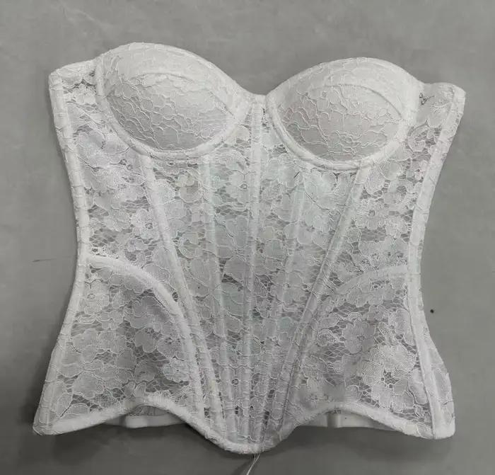 Dámska biela čipkovaná korzetová podprsenka Overbust luxusný živôtik na svadbu Bez ramienok Šnurovací bustier Trubičkový top Trenažér pásu Oceľové kosti