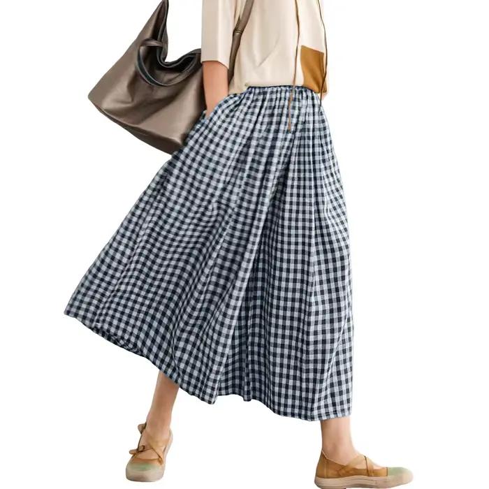 Pantalon Capri à jambes larges pour femmes, culotte à carreaux vichy en coton, taille élastique, Palazzo, bas avec poches, Y2k Harajuk, été