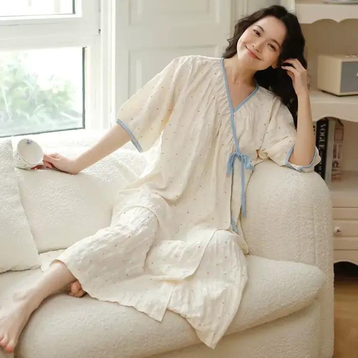 Letná dojčiaca kimono nočná košeľa z mäkkého krčeného bavlny