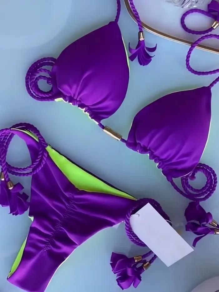 Sexy jednofarebné dvojdielne trojuholníkové bikiny pre ženy s pletenou šnúrkou