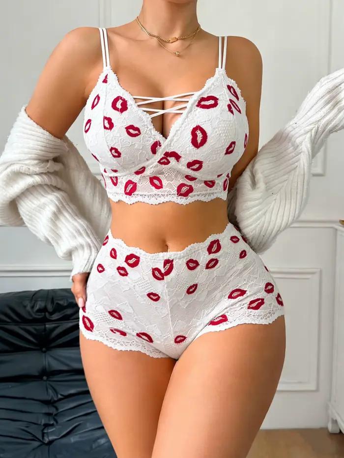 Sexy čipkovaný lingerie set s potlačou pier na Valentína