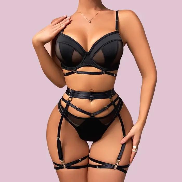 Francúzsky luxusný priesvitný sexy dámsky set 5 kusov podprsenka a nohavičky s podväzkami