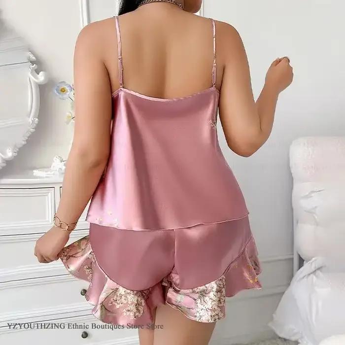 Ensemble pyjama grande taille 3XL 4XL 5XL pour femme, haut et short à bretelles, vêtements de maison imprimés cerise, vêtements de nuit amples en Satin