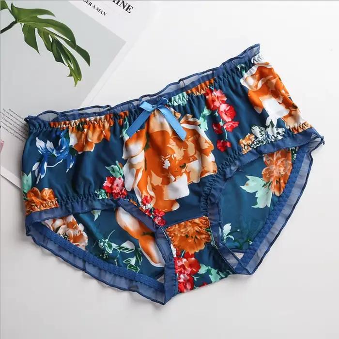 Culotte en dentelle soyeuse pour femme, slip grande taille, imprimé lait, sexy, à volants, nœud papillon, sous-vêtement élastique, grande taille