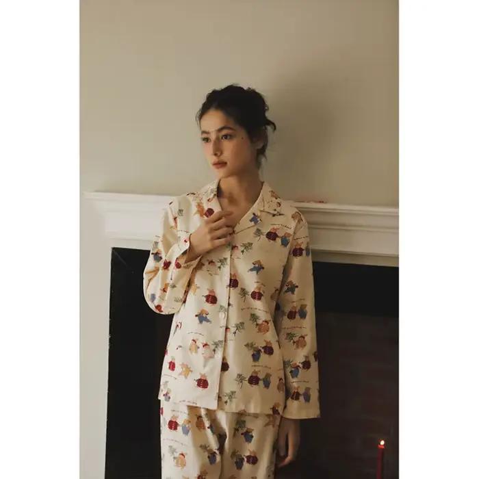 Ensemble pyjama confortable imprimé ours pour femmes, pyjama de noël en coton doux, mignon, vêtements de nuit de vacances, manches longues, vêtements de détente, cadeau pour petite amie