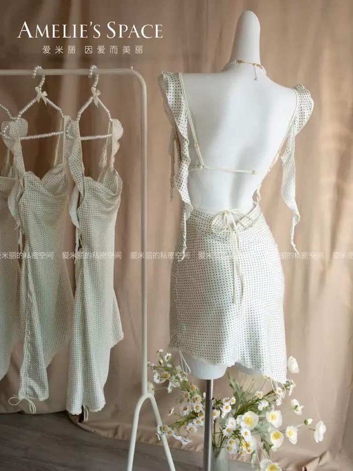 Chemise de nuit française Love Sea, Lingerie romantique, Lingerie Sexy de vacances, chemise de nuit à pois, petite poitrine, pyjama féerique en soie glacée pour femmes