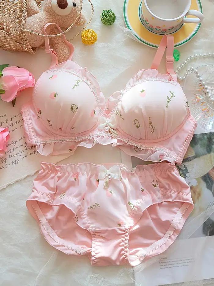 Ensemble de lingerie fraise douce pour femmes, grande taille, mignon, imprimé de dessin animé japonais, bralette sans anneau en acier, micro rassemblement, sous-vêtements