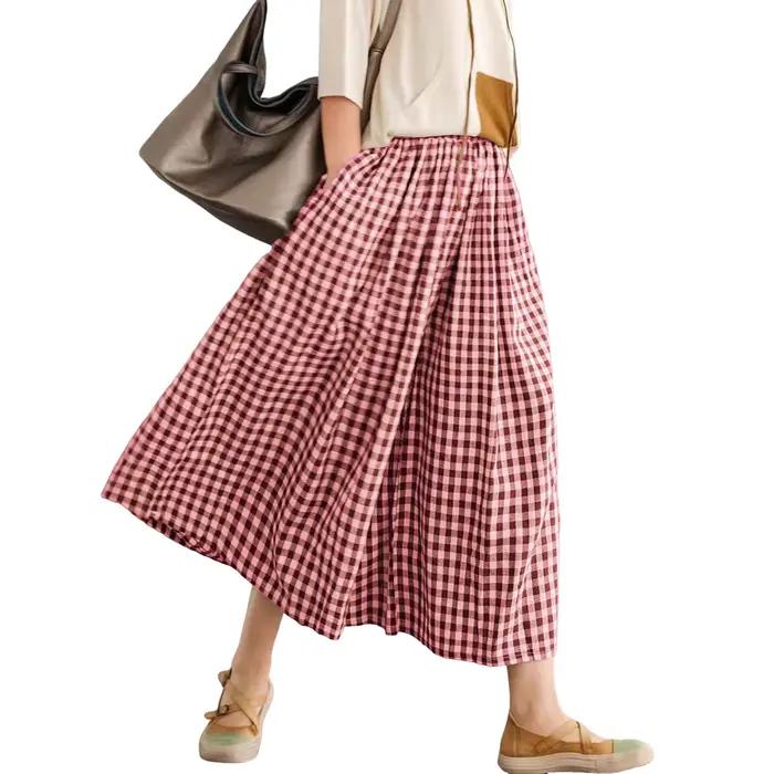 Pantalon Capri à jambes larges pour femmes, culotte à carreaux vichy en coton, taille élastique, Palazzo, bas avec poches, Y2k Harajuk, été