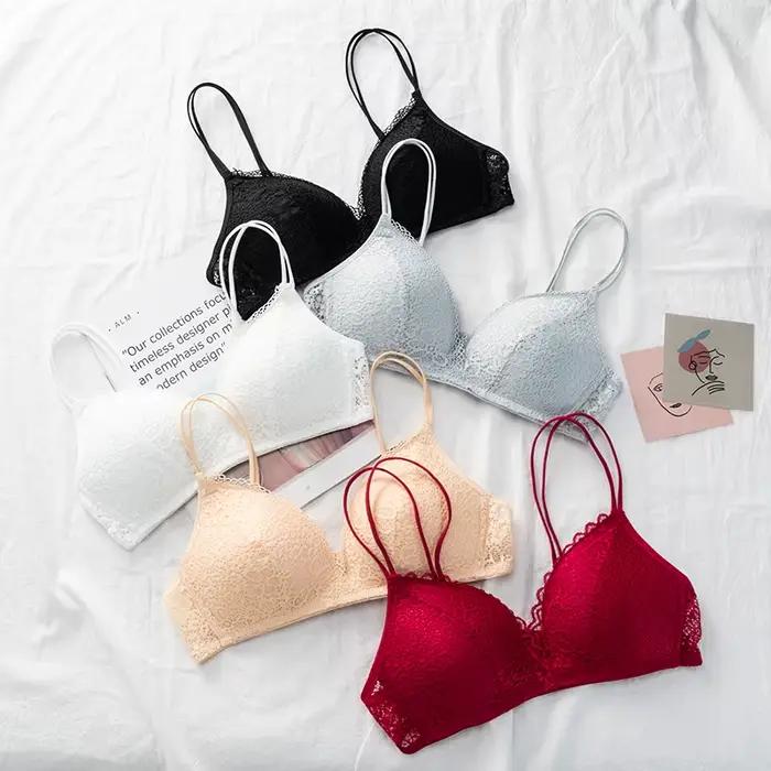 Femmes soutien-gorge Sexy dentelle Bralette florale sans fil soutien-gorge femme sous-vêtements A B tasse Lingerie doux couleur unie Ultra-mince brassière