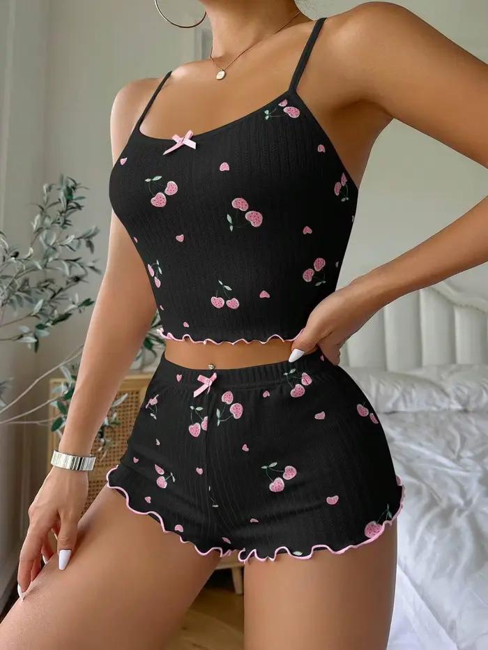 Ensemble pyjama à imprimé cœur pour femme, haut court et short confortables, col rond, dos nu, nœud décoratif, vêtements de nuit d'été