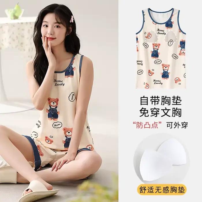 Ensembles de pyjama d'été pour femmes, vêtements de maison en coton tricoté, gilet de dessin animé mignon avec coussinet de poitrine