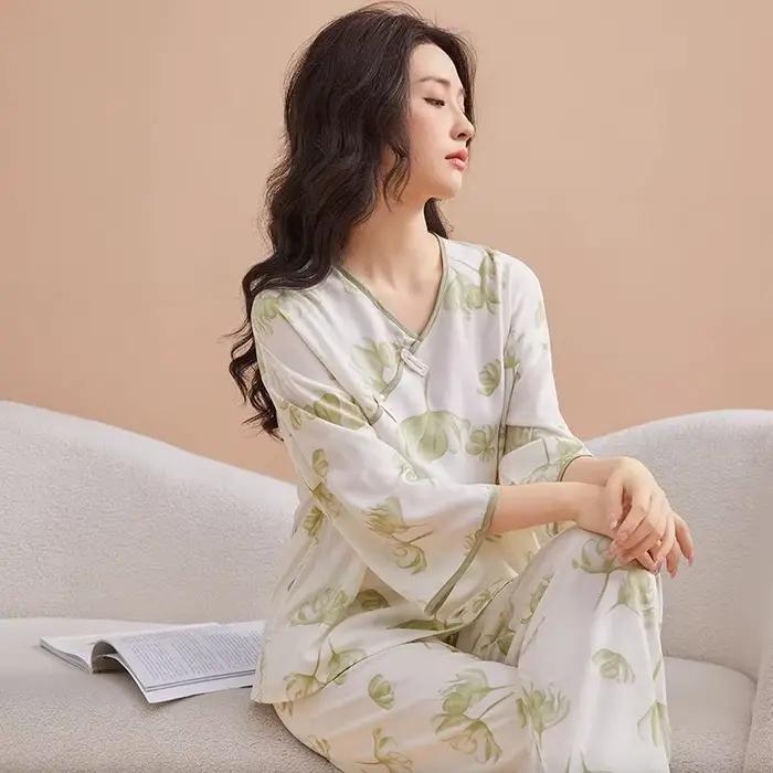 Mode imprimé femmes pyjamas ensemble décontracté coton rayonne vêtements de nuit printemps automne maison vêtements Style rétro vêtements de nuit Pijama Mujer