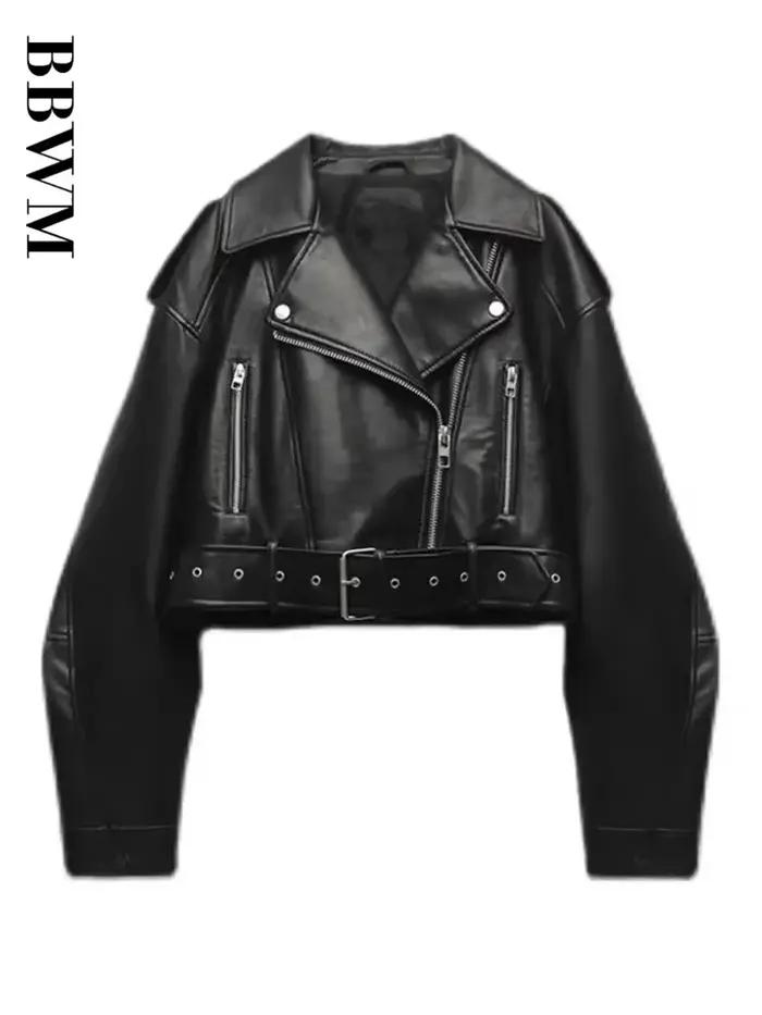 BBWM dámska nadrozmerná vintage voľná PU kožená bunda s opaskom Streetwear retro zips