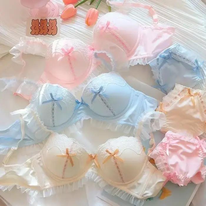 Ensembles de soutien-gorge et culotte de style japonais en dentelle rose pour femmes