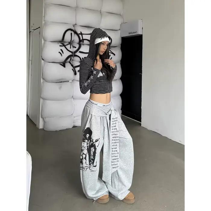 ZHIZOU dámske sivé gotické Baggy Y2k písmená potlač nohavice Harajuku 2000s Vintage oversized