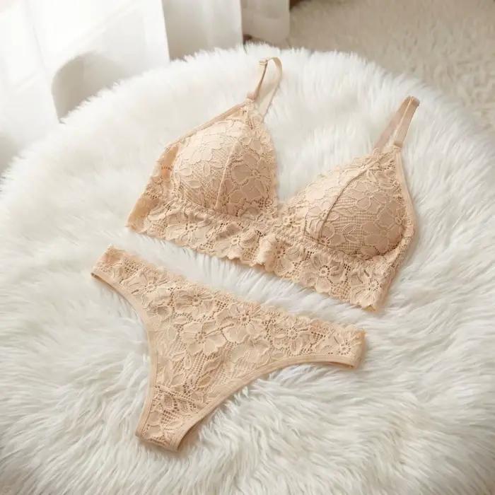 Ensemble de lingerie en dentelle à col en V avec soutien-gorge à fleurs, culotte string de couleur unie, kit de lingerie transparente en dentelle pour filles