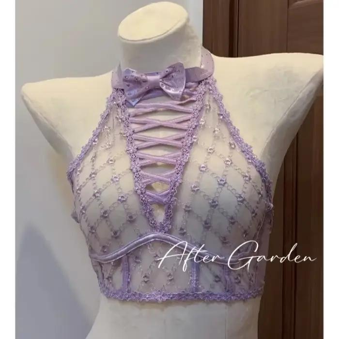 Soutien-gorge violet, nœud, motif diamant, strass, lacets, col haut, sous-vêtements à col rond