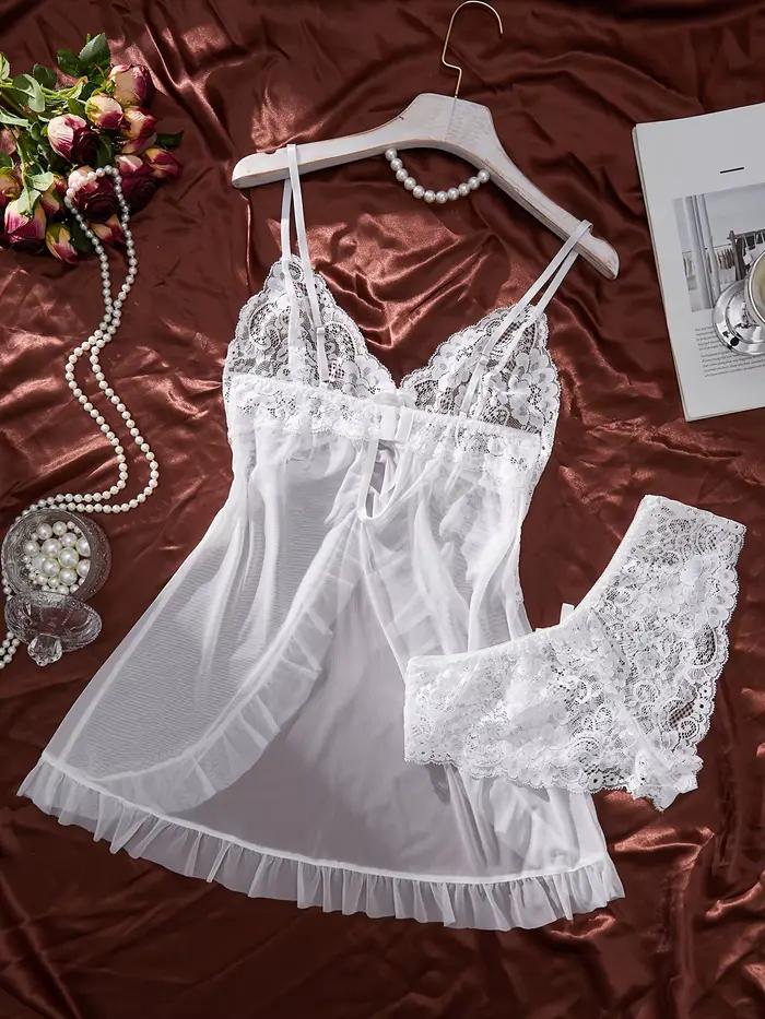 Biela sexy kontrastná čipka a sieťovina s volánmi nočná košeľa pre ženy