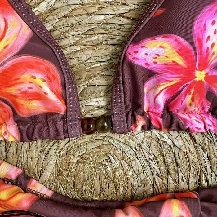 Micro bikini sexy bleu ciel à imprimé floral 2026 pour femme, avec soutien-gorge push-up et string plissé, maillot de bain de plage et de vacances