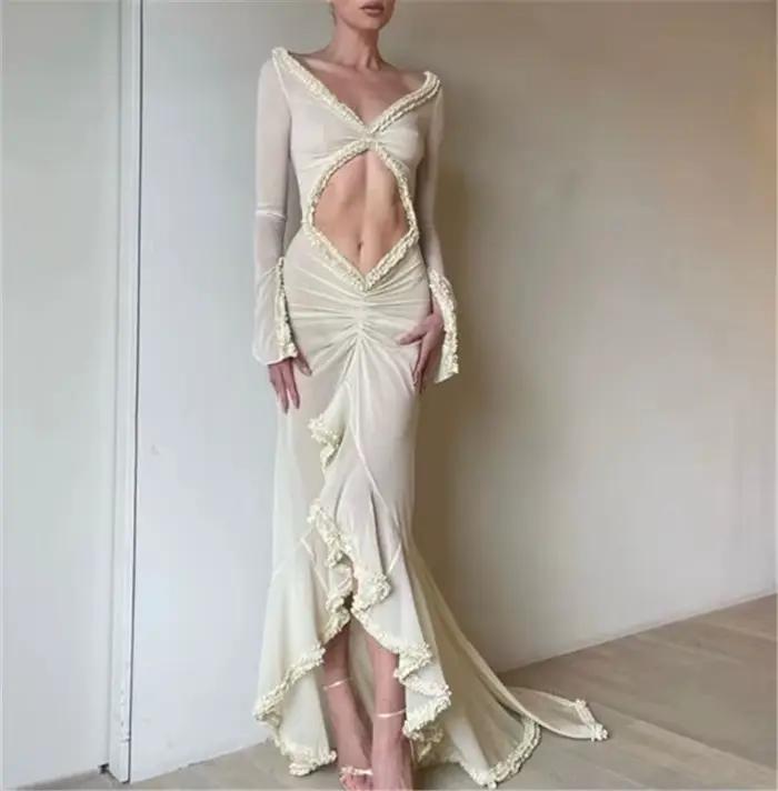 Gaono Sexy dámska nočná košeľa Dlhé rukávy Výstrih do V Sieťovaná