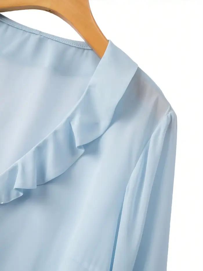 Chemise à manches longues bleue style Hebe pour femme, élégante, col en V, amincissante, avec bordure effet bois, chic pour le bureau