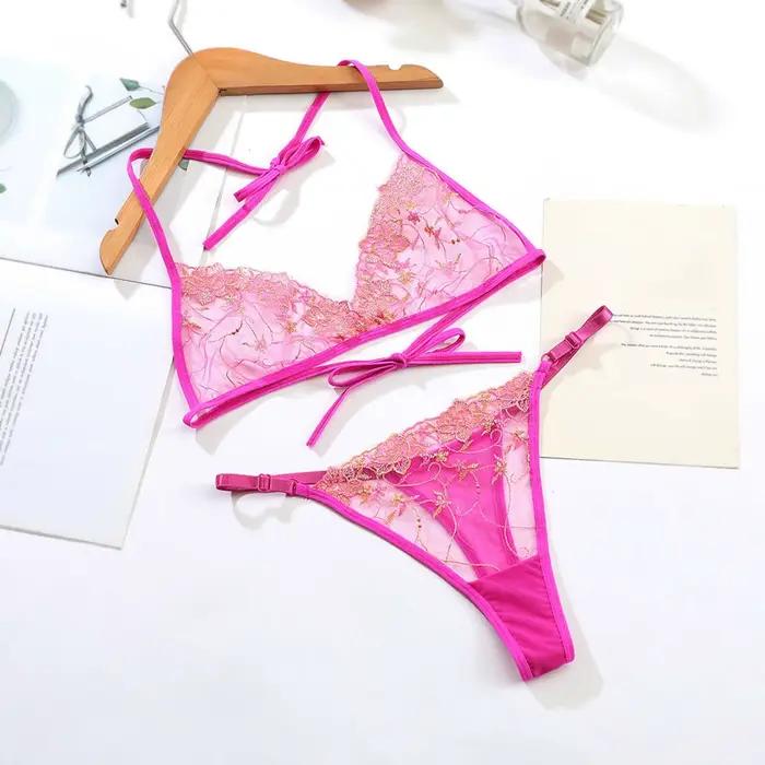 Francúzsky sexy čipkovaný erotický set z vyšívanej sieťoviny 2-dielna lingerie pre ženy s odhaleným výstrihom podprsenka a tangá