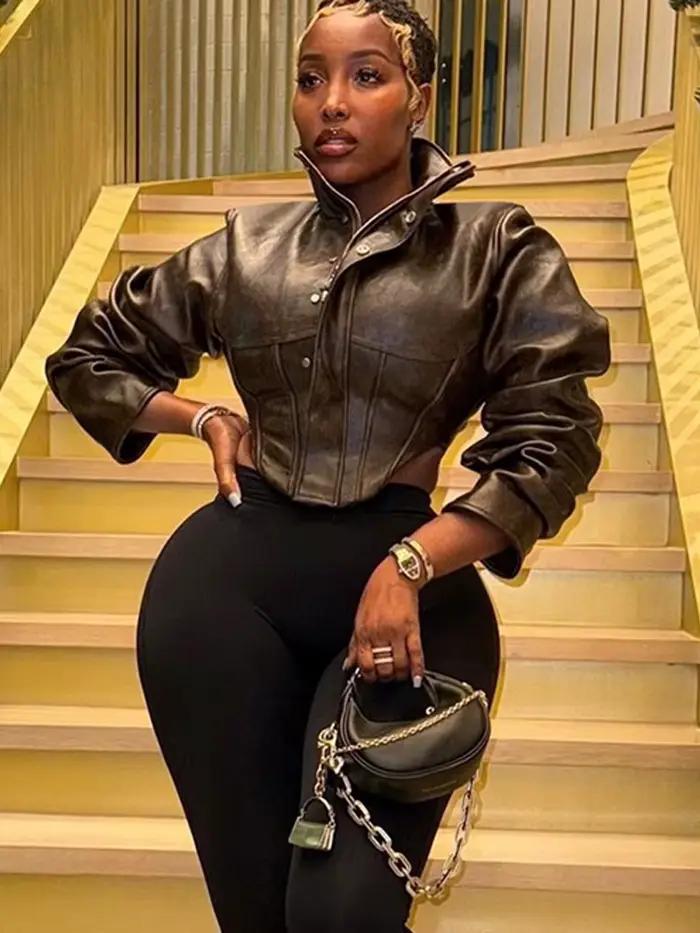 Nibber Hottie Crop Bunda Ženy Rolák PU Nepravidelný Zips Gombík Dlhé Rukávy Divoký Sexy Ulica Polnoc Jeseň