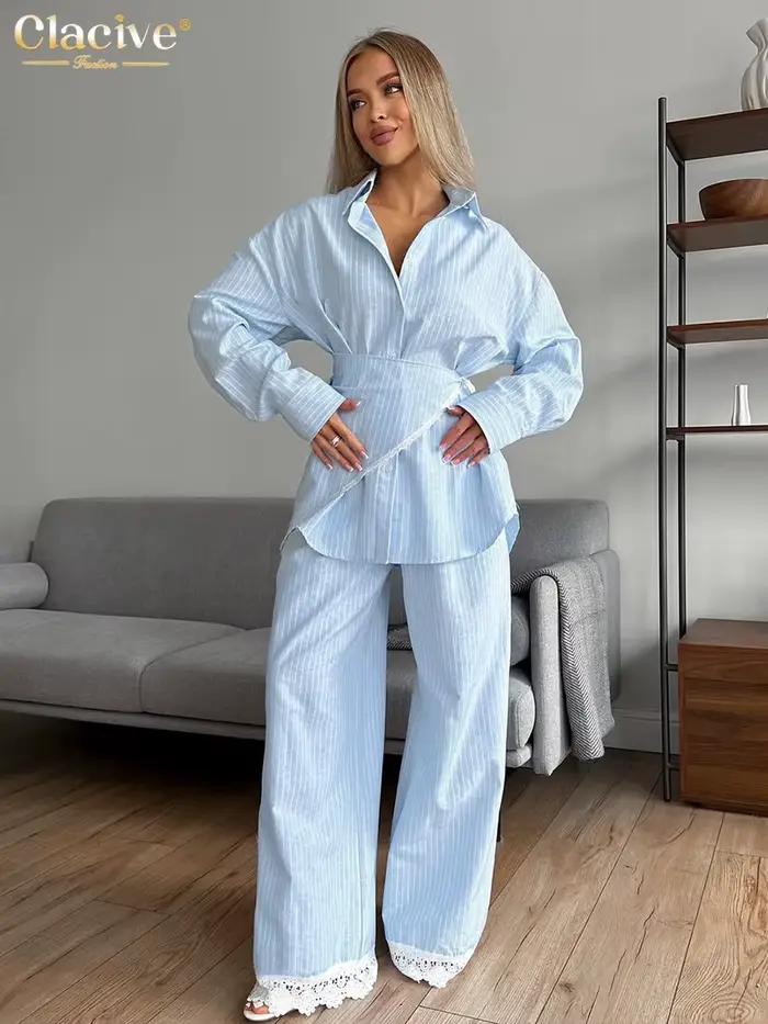 Clacive – 3-dielny voľný modrý pruhovaný set pre ženy