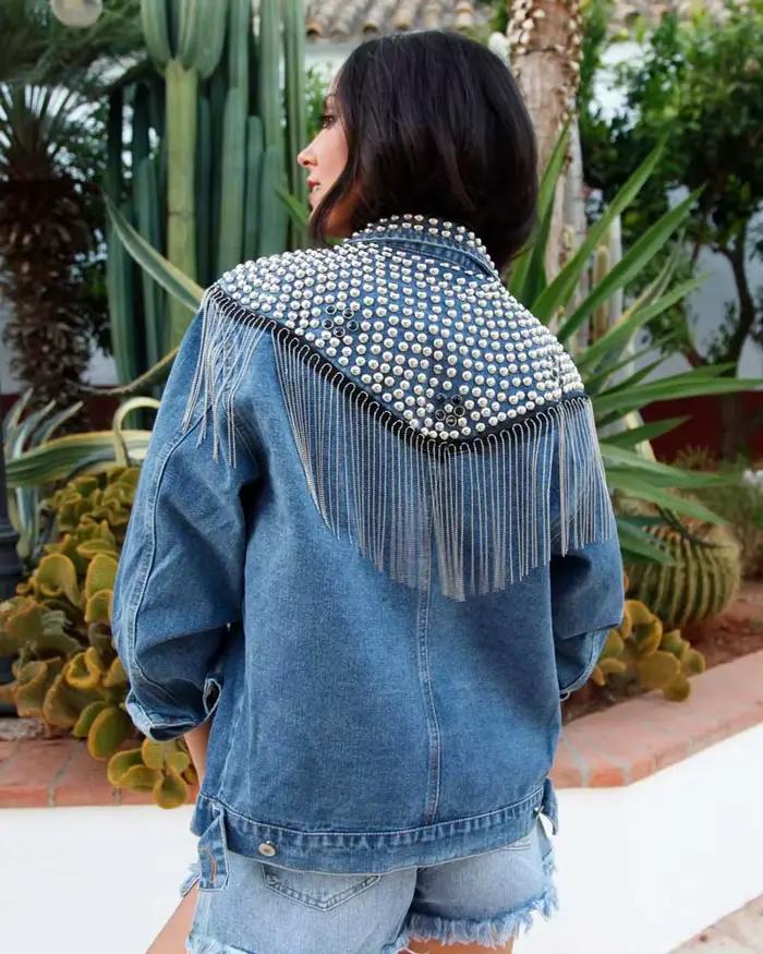 TEELYNN Boho čierna Denim bunda pre ženy kabát s dlhým rukávom jeseň voľný strapce Jean bundy 2025 perly nity