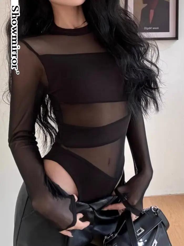 Gothique évider teahwear body mujer femmes coupe croix creux maille body à manches longues charmant body Clubwear sexy