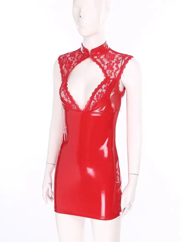 Mini robe moulante en PU brillant pour femmes, Lingerie transparente, dentelle florale, découpe, Sexy, hanche, Clubwear, Raves, Costume de fête en Club