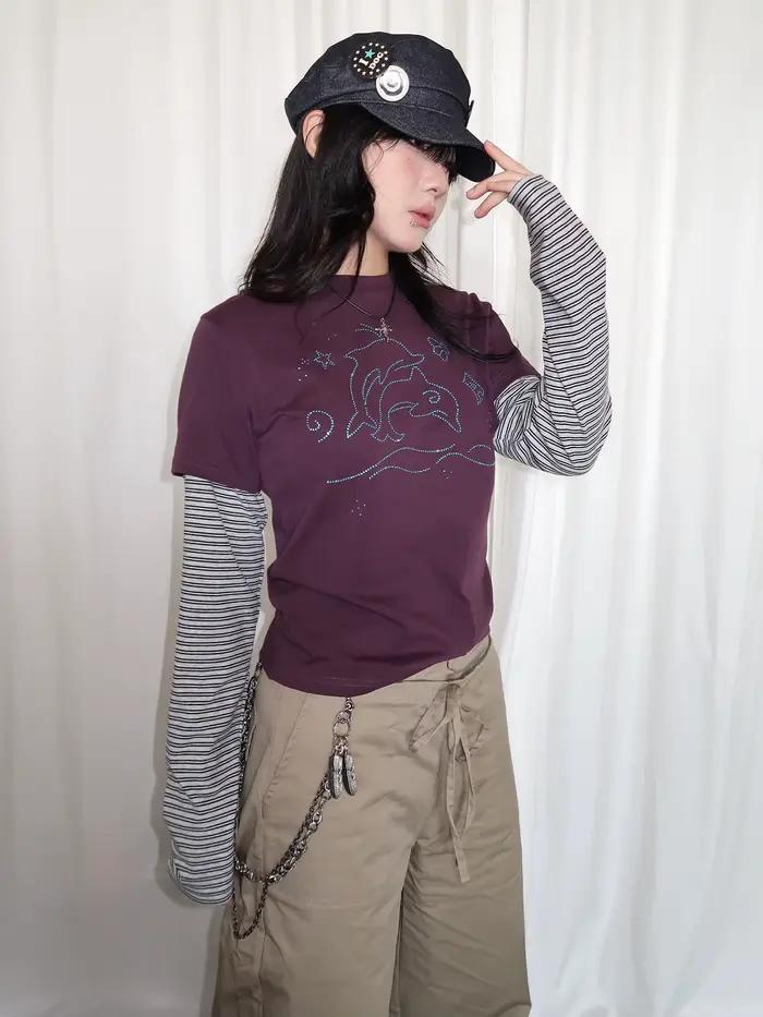 Tonngirl Y2k Tričko Vintage pre ženy s dlhými rukávmi Japonský patchwork 2000s Grunge topy Americký streetwear retro