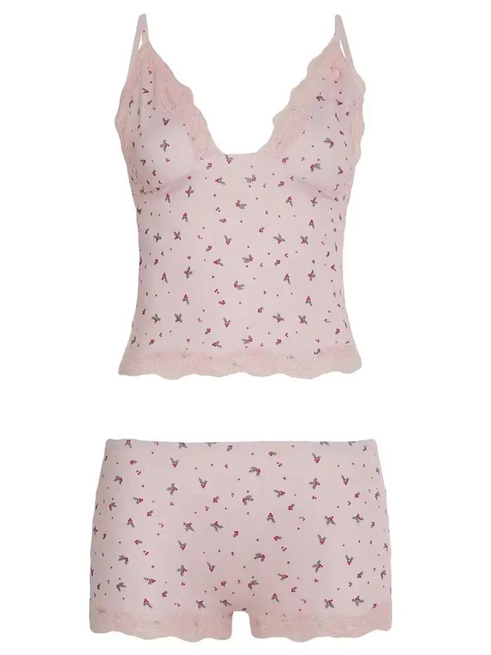Ensemble de pyjama deux pièces pour femmes, rose, dentelle florale, patchwork, vêtements de nuit, camisoles sans manches et shorts mignons et fins, vêtements de détente