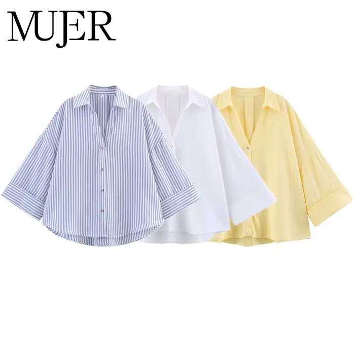Chemise Mujer décontractée rayée polyester pour femmes été plage style élégant confortable ajustement ample occasions spéciales