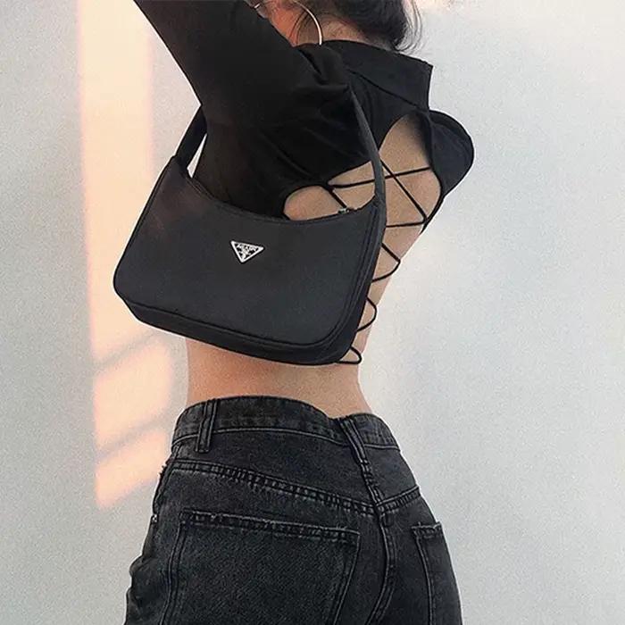 Y2K ženy Sexy Harajuku otvorený chrbát Tričko s dlhým rukávom strihaný top letný čierny oblečenie Vintage dutý T-s