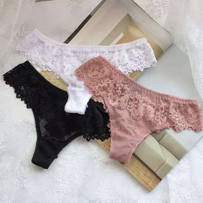 CINOON Sexy culottes femmes dentelle taille basse solide Sexy slips broderie String Transparent évider sous-vêtements femme G String