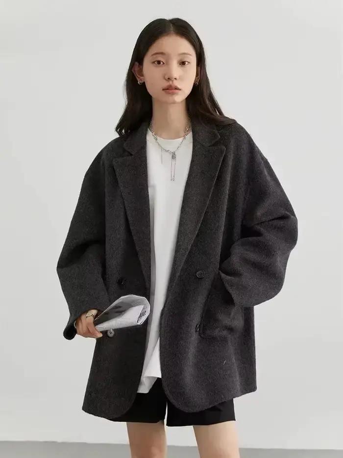 Veste en laine et polyester large pour femmes, avec col rabattu, style bureau, pour automne-hiver, idéale pour le travail et les événements sociaux