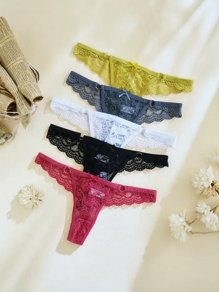 Lot de 5 culottes en dentelle pour femmes, élégantes et confortables, taille basse, strings sexy de couleur unie
