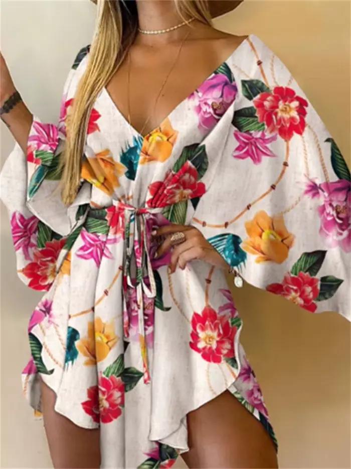 Dámske šaty s potlačou Sexy výstrih do V netopierie rukávy volániky kvety potlač boho plážové letné