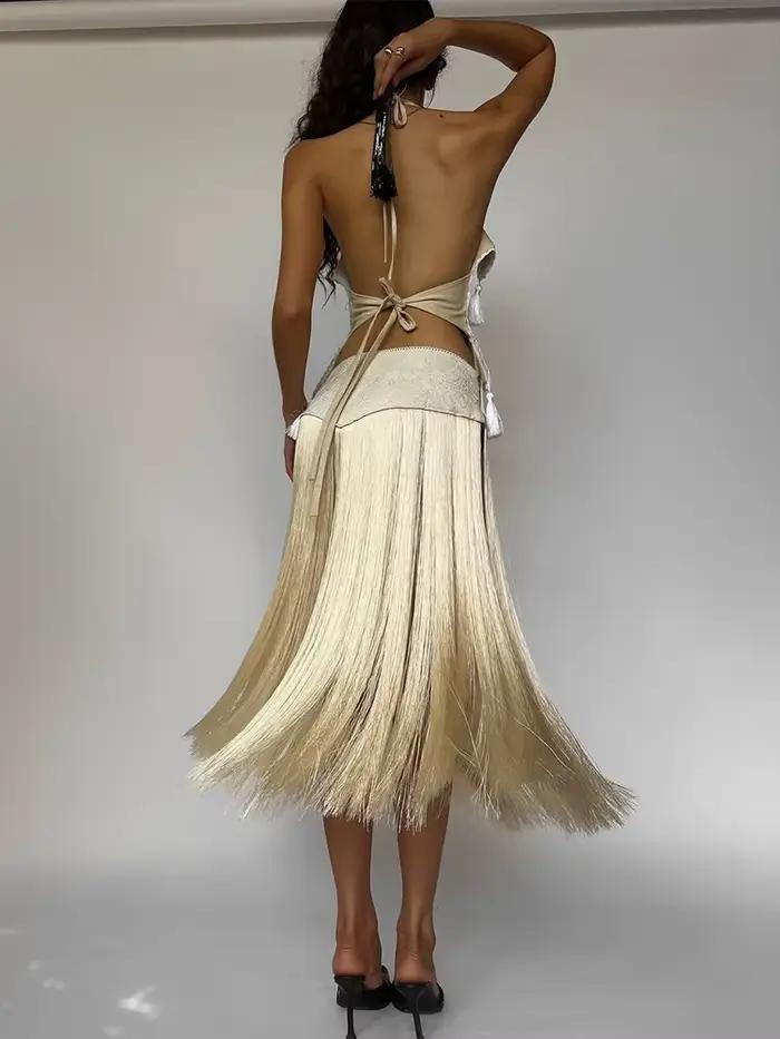 Kliou Sexy Módne Sukne Kostýmy Žena Halter Bandáž Holý Chrbát Nepravidelný Crop Top + Strapcová Dekorácia Dlhé