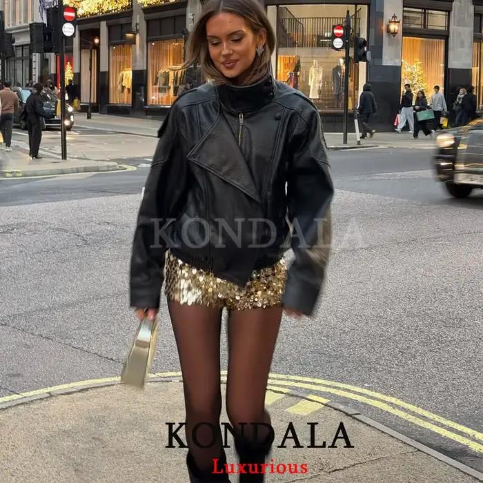 KONDALA ležérne elegantné čierne kožené bundy pre ženy s dlhými rukávmi