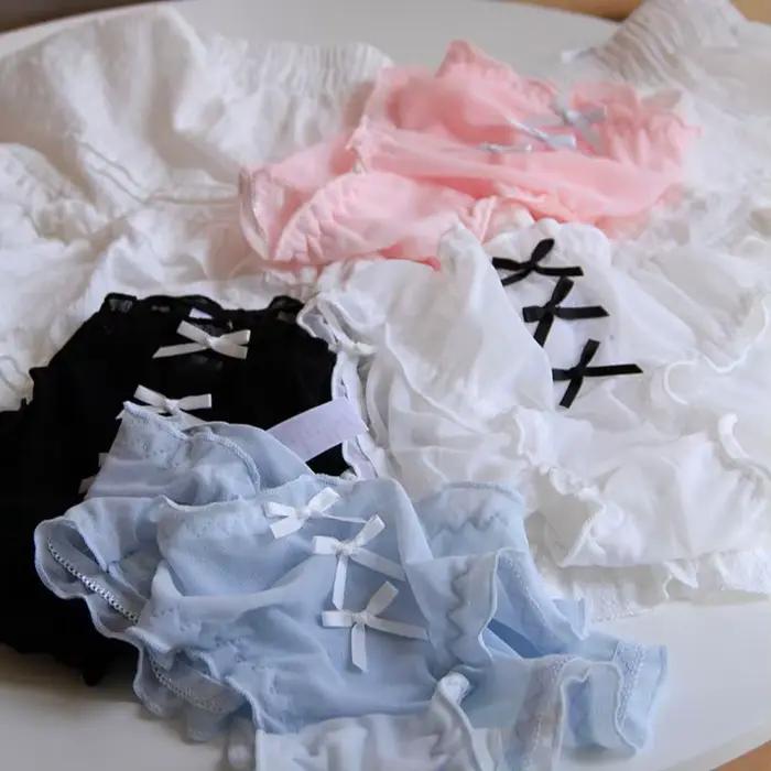 Culotte femme taille moyenne en dentelle respirante perforée avec nœud papillon, culotte triangle mignonne pour fille.
