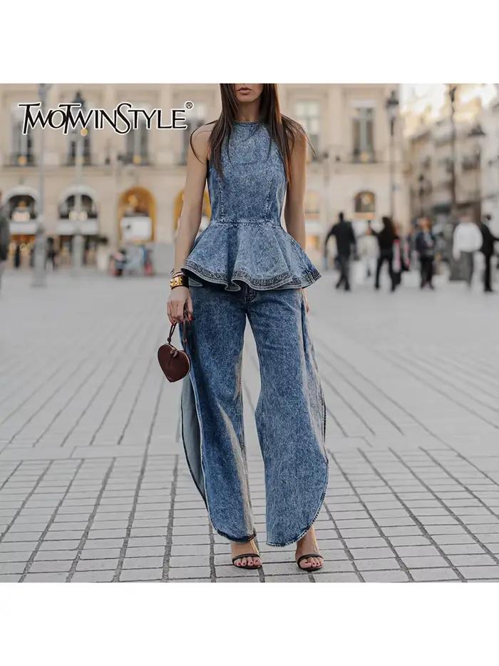 TWOTWINSTYLE Dvojdielny džínsový set s vrstvenými záhybmi pre ženy