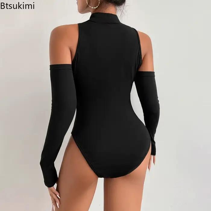 Combinaison sexy ajourée à manches longues et épaules dénudées pour femme, couleur unie, col semi-montant, vêtement de base tendance 2026